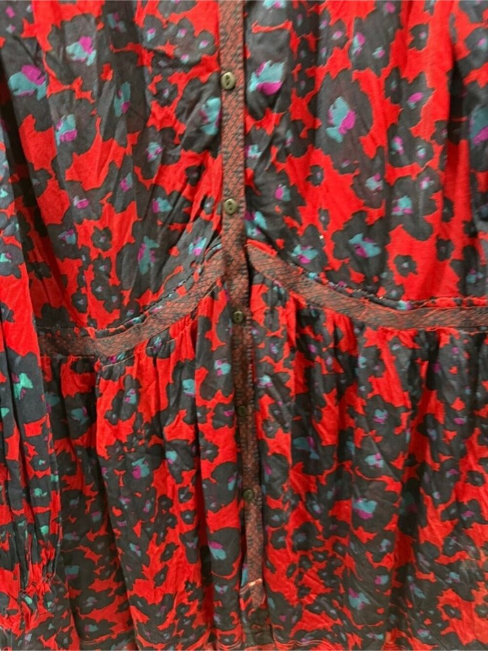 Free People Red Floral Boho Mini Dress Long Sleeve Button Front Size M - Picture 10 of 13
